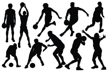 Silhouette of basketball player jump for the slam dunk. Set of Basketball players in different playing positions, lead ball, defend, attack, game techniques. Players throwing  basketball vectors.