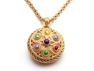 A delicate chain made of 18K gold links gracefully wraps around a pendant, adorned with intricate engravings and tiny precious gemstones.