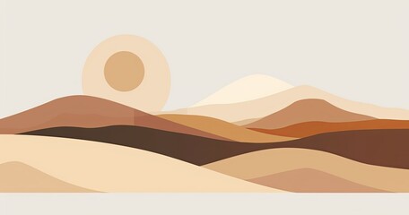 A minimalist landscape featuring rolling hills in warm earth tones, with a soft sun setting in the background.