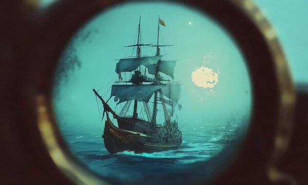 Pirate ship on the horizon of a dark ocean, 4K video stock