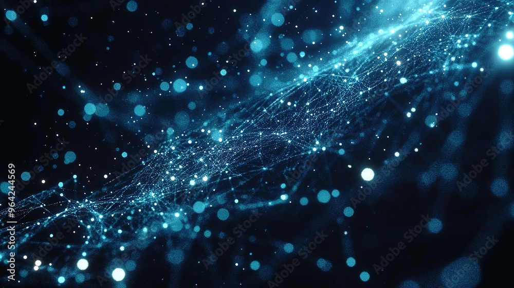 Poster abstract visualization of interconnected particles in a dark space, showcasing a dynamic pattern of 