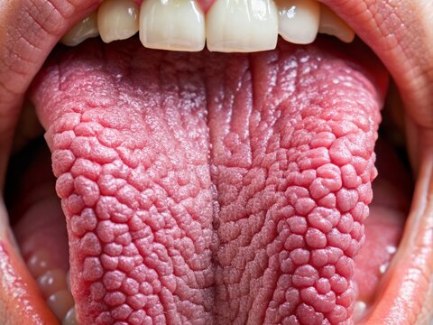 "Papillae-covered surface of tongue, filiform and fungiform papillae, and distinctive scalloped and oval-shaped vallate papillae on the posterior tongue region."