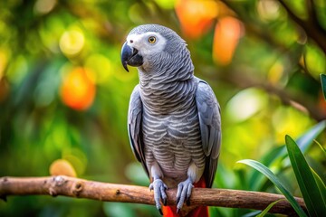 Fototapeta premium A Vibrant African Grey Parrot With Striking White Markings On Its Face Perched On A Branch With Blurred Foliage In The Background.