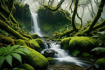 Fototapeta premium Moss Covered Waterfall in a Lush Rainforest.