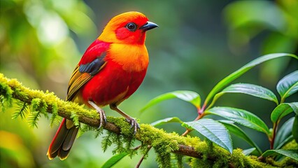Obraz premium A Vibrant And Captivating Image Of A Scarlet And Golden Bird Perched On A Lush Green Branch