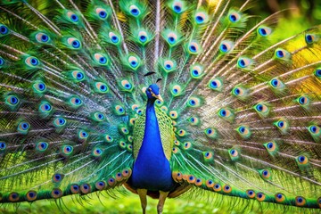 Obraz premium A Vibrant And Elegant Peacock, The National Bird Of India, Displays Its Magnificent Tail Feathers Against A Lush Backdrop.