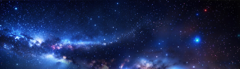 Obraz premium Panorama of the endless sky with stars, planets, nebulae, Milky Way and clouds. The greatness of divine creation. The power and beauty of nature. Background, banner, wallpaper.