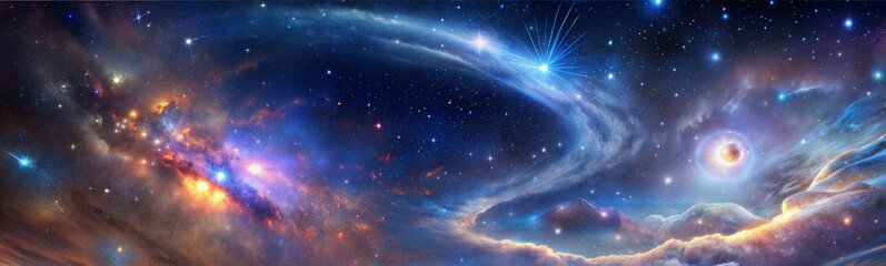 Fototapeta premium Panorama of the endless sky with stars, planets, nebulae, milky way and clouds. The greatness of divine creation. The power and beauty of nature. Background, banner, wallpaper.