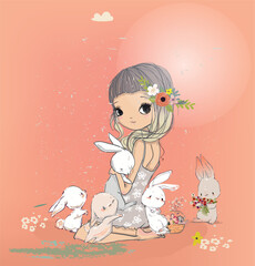 cute cartoon lovely girl with little hares