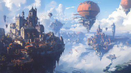 Beautiful fantasy game illustration showing a panoramic view of a steampunk town. Floating Islands. Illustration