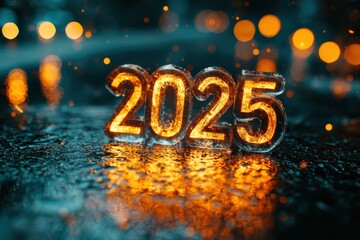 Glowing 2025 number on wet surface with blurry lights in background