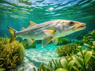 A vibrant snook fish swims in clear turquoise waters, its sleek silver scales glistening in the sunlight, amidst a backdrop of lush green aquatic plants.