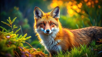 Fototapeta premium A Vibrant Vector Illustration Of A Cunning Fox With Sharp Features And A Bushy Tail, Showcasing Its Agile Nature In A Lush Environment.