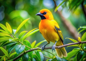Obraz premium A Vibrant Yellow Bird Perches On A Tree Branch, Its Bright Feathers Contrasting Beautifully With The Lush Green Foliage.