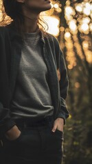 56. A person with hands in pockets, casual expression