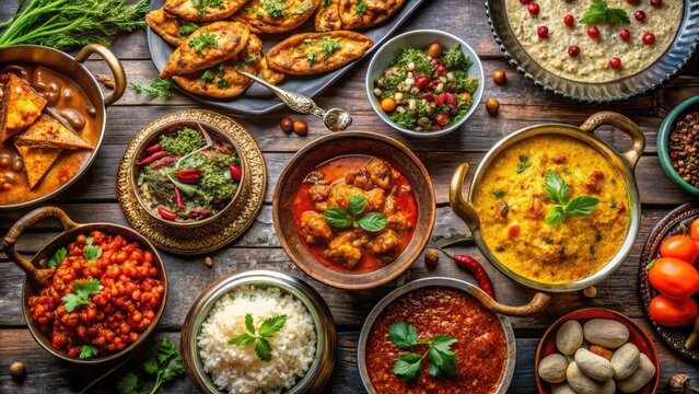A Vibrant Spread Of Traditional Kashmiri Dishes, Arranged Amidst Metallic Utensils And Intricate Embroidery, Showcasing The Region'S Rich Culinary Heritage.