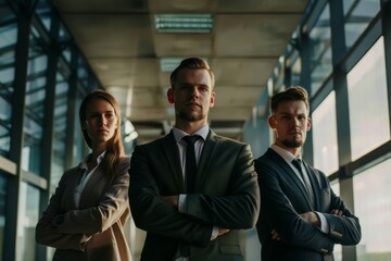 Three determined business professionals standing confidently in a glass corridor, epitomizing teamwork and ambition.