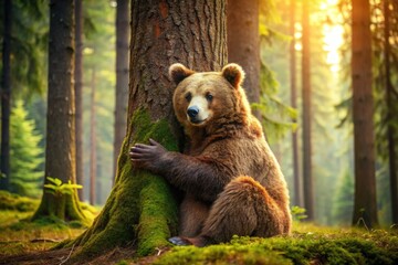 Fototapeta premium A warm and cozy brown bear envelops a giant tree trunk in a tender, embracing gesture, conveying friendship and affection in a serene forest setting.