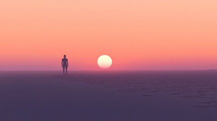A solitary figure experiences a stunning sunset over an expansive desert landscape at twilight, evoking a sense of peace and reflection