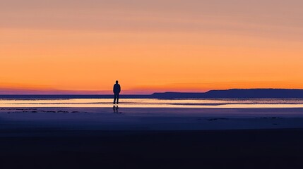 A solitary figure stands on the beach at sunset, reflecting by the calm waters under a colorful sky