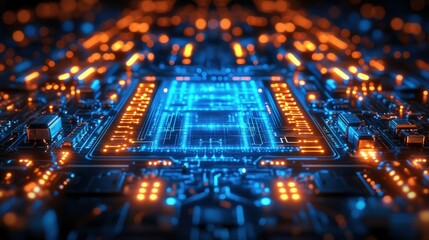 Obraz premium Abstract futuristic circuit board with glowing blue and orange lights.