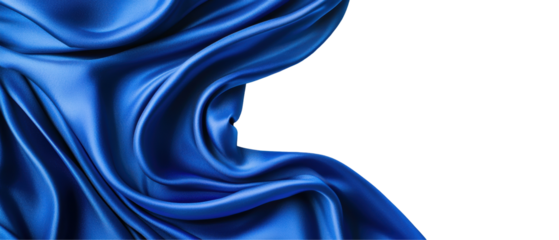 Flowing blue satin fabric with smooth texture, featuring elegant folds and a glossy, vibrant sheen. Isolated on transparent background, png.