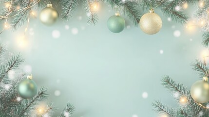 Festive holiday decorations featuring green and gold ornaments with soft lights on a frosted background during the winter season