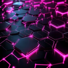 Sleek Sci-Fi Digital Design: Glowing Hexagon Pattern in Magenta and Black Neon