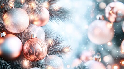 Delicate pink and silver ornaments glimmer on a snow-dusted Christmas tree during the festive holiday season