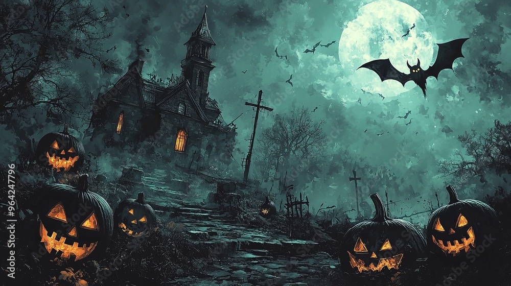 Wall mural Spooky Halloween scene with pumpkins, a haunted house, and a bat flying in front of the moon.