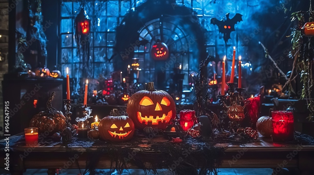 Canvas Prints Spooky Halloween Table Setting With Jack-O-Lanterns, Candles, and Bats.