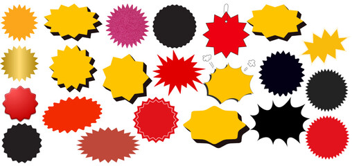 Starburst badge or promotional label set. multicolour wavy edge circle stickers, price promo tags, discount or special offer design emblems. start vintage sale star burst callouts or sunburst symbols.