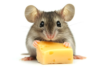 Fototapeta premium Tiny cute mouse holding a piece of cheese isolated on white background 