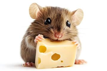 Tiny cute mouse holding a piece of cheese isolated on white background
