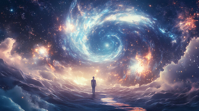 Captivating cosmic dreamscape a visually stunning interstellar bedroom portal to unlock the mysteries of the universe. Parallel Universe. Illustration