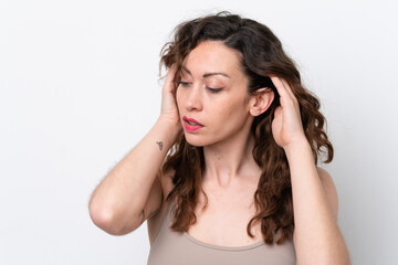 Fototapeta premium Young caucasian woman isolated on white background . Close up portrait