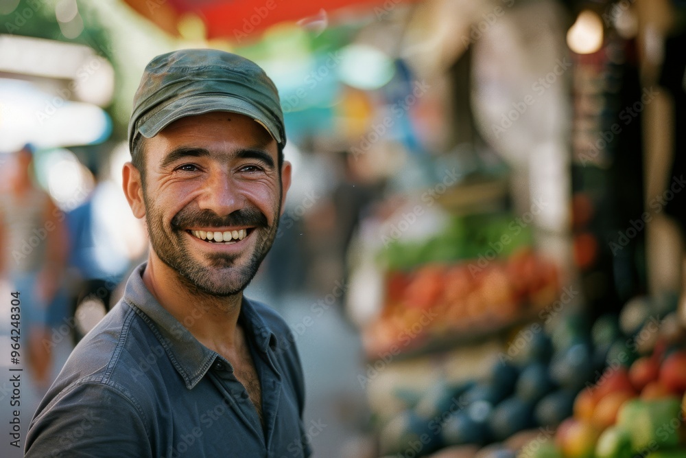 Wall mural a man with a warm smile stands in a bustling outdoor market with an array of colorful fruits in the 