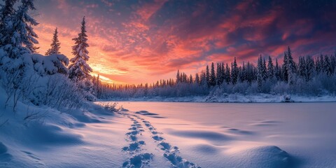 Footprints lead across pristine snow beside a river as a colorful sunset paints the sky with warm hues in a tranquil forest