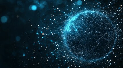Abstract Blue and White Sphere with Connected Lines and Points on a Black Background