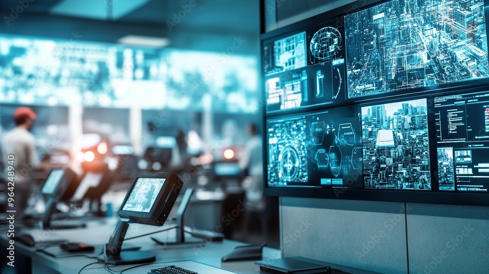 Poster high-tech control room with multiple screens displaying data and analytics in a modern surveillance 