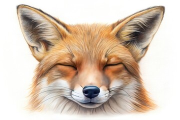 Fototapeta premium Brown Fox Face With Closed Eyes, Drawn In Detail Using A Pencil On A Clean White Background