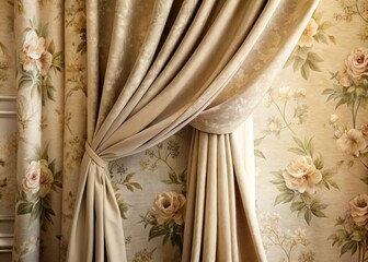 Warm beige linen drapes billow behind a vintage-inspired floral wallpaper pattern, soft contrast between textures, subtle color palette and delicate design.