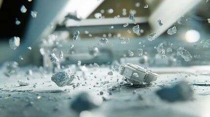 Scattered debris from an industrial process in a workshop during daylight hours showcases the details of material disintegration