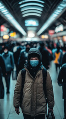 Fototapeta premium Caution in the Crowd: Person Wearing Face Mask in Busy Public Space