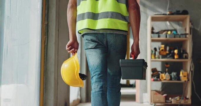 Hands, person and helmet with tool box for construction, building maintenance and architecture renovation. Architect, hard hat or equipment of industrial development, safety compliance and inspection
