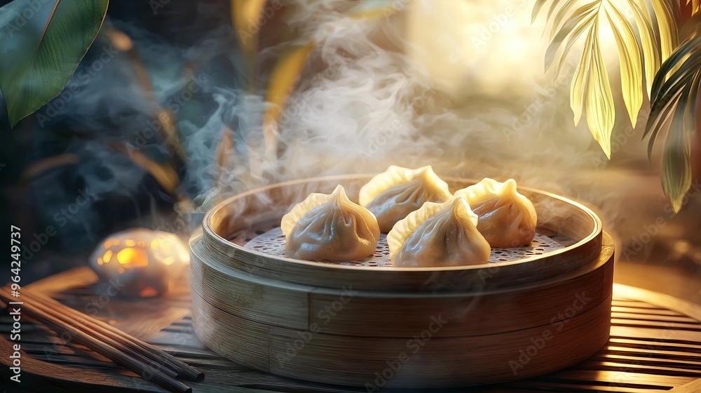 Wall mural Steaming hot dumplings in a bamboo steamer.