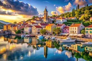 Obraz premium Captivating Photo Depicting A Serene Coastal Town With Historic Architecture And Vibrant Waterfront Scenes