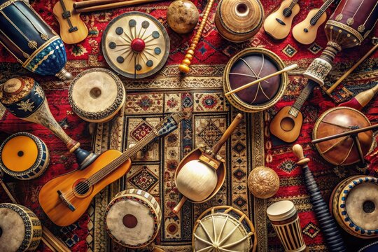 Captivating Overhead Shot Of Various Traditional Arabic Musical Instruments Featuring Drums, Strings, And Wind Instruments.