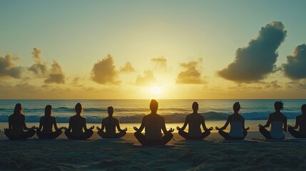 Group of individuals practicing yoga on the beach during sunrise with colorful clouds and ocean waves in the background