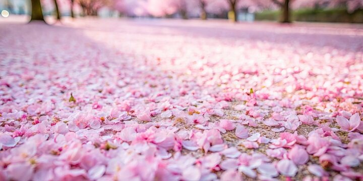 Soft pink cherry blossom petals fallen on the ground creating a beautiful carpet